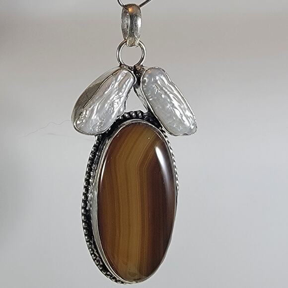 Banded Agate Pendant – With Baroque Pearls + 20" Sterling Silver Chain - Picture 1 of 10